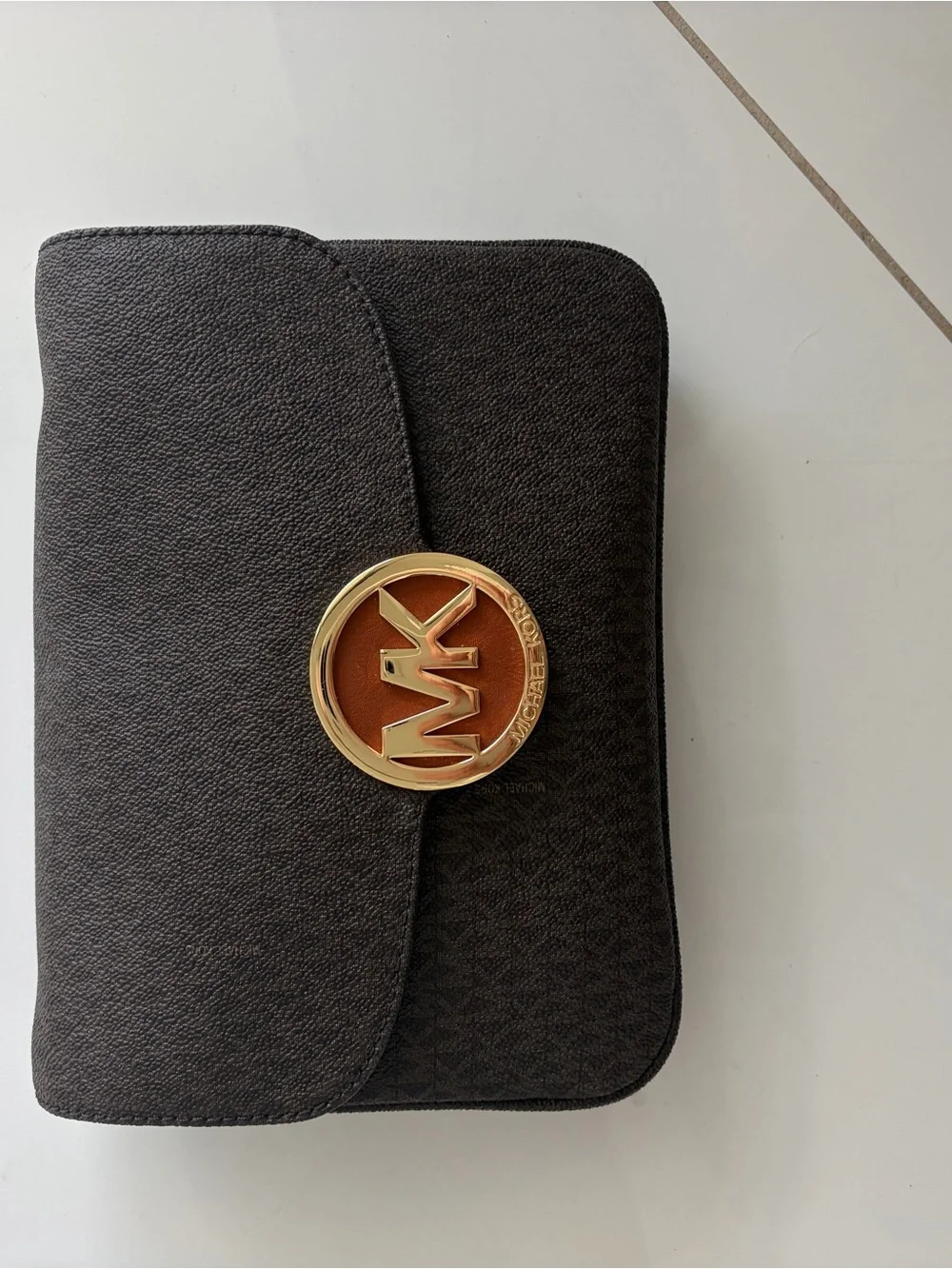 Brand New Michael Kors Dark Brown Logo Wallet with Gold MK Emblem